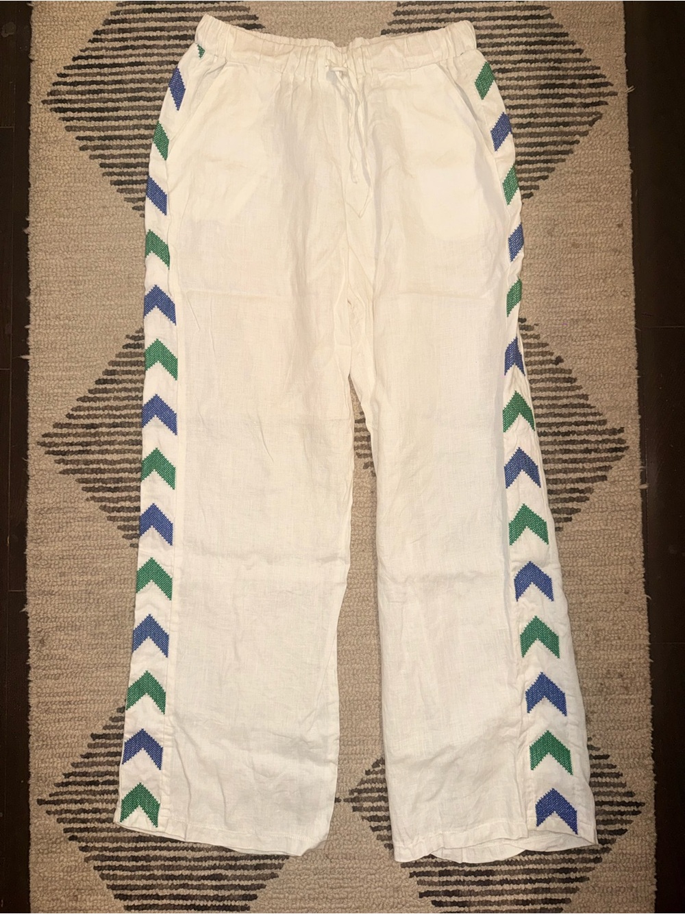 Greek Archaic Kori Side-Embroidered Linen Trousers.